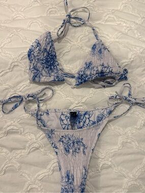 Blue & White Floral Tie-Side Bikini Set